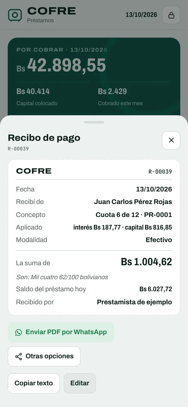 Recibo de pago con el monto en letras y el saldo
