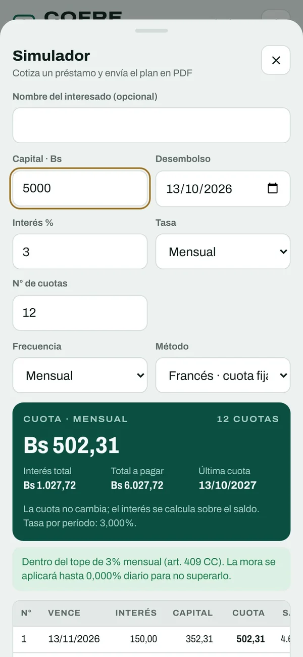 Simulador con la cuota y el plan de pagos
